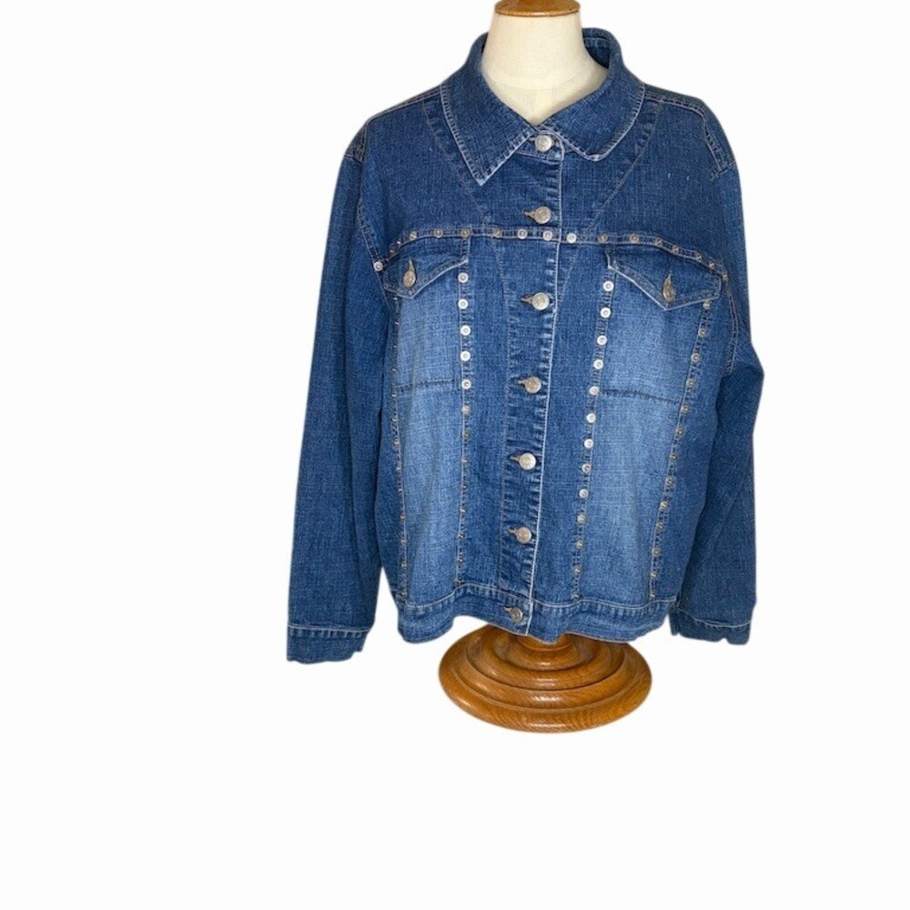 The Blues Jacket Womens Plus Size 2XL Blue Studded Snap Front Denim
